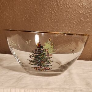 Spode Glass Bowl with Iconic Christmas Tree and Gold Rim, EUC